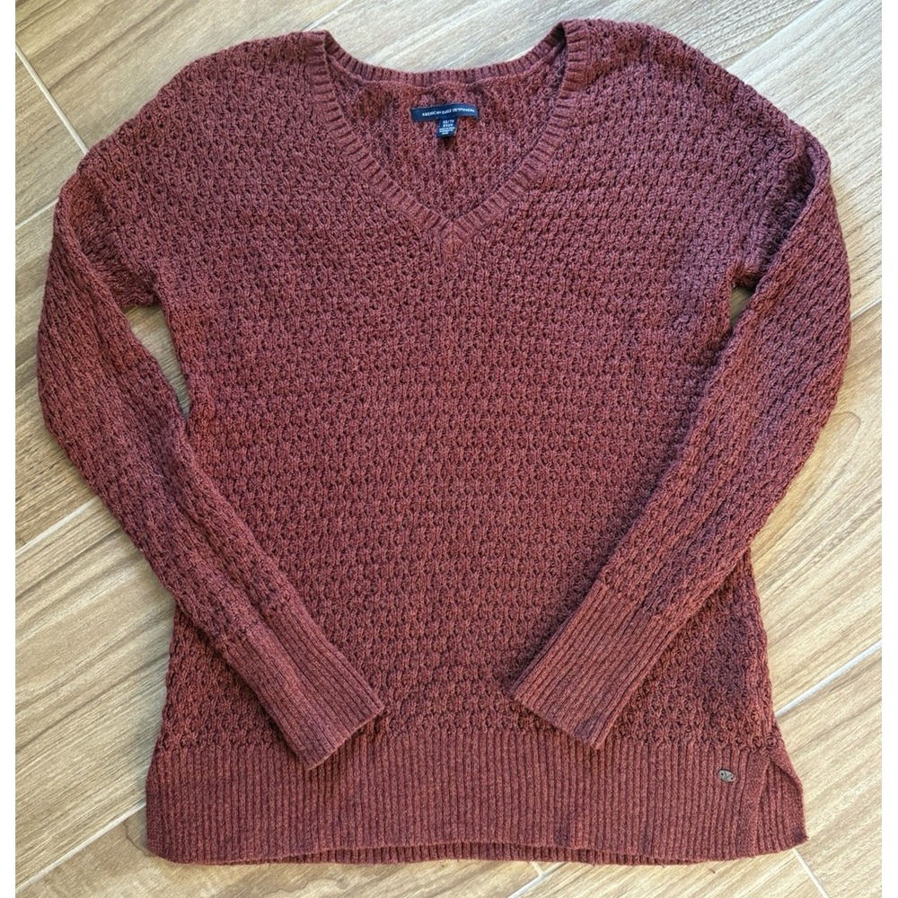American Eagle Womens Rust Wool Blend Knit Sweater XS Vneck Cozy Slouchy Cottage